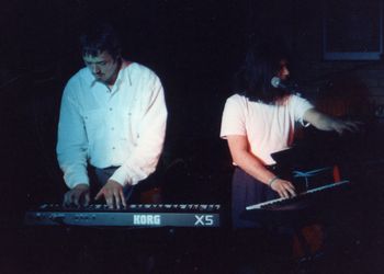 Rare pic of both Karl & Mark playing at Stu's wedding, 31 May 1997. Note: Dean was at the wedding but didn't play as he'd only just joined the band!!