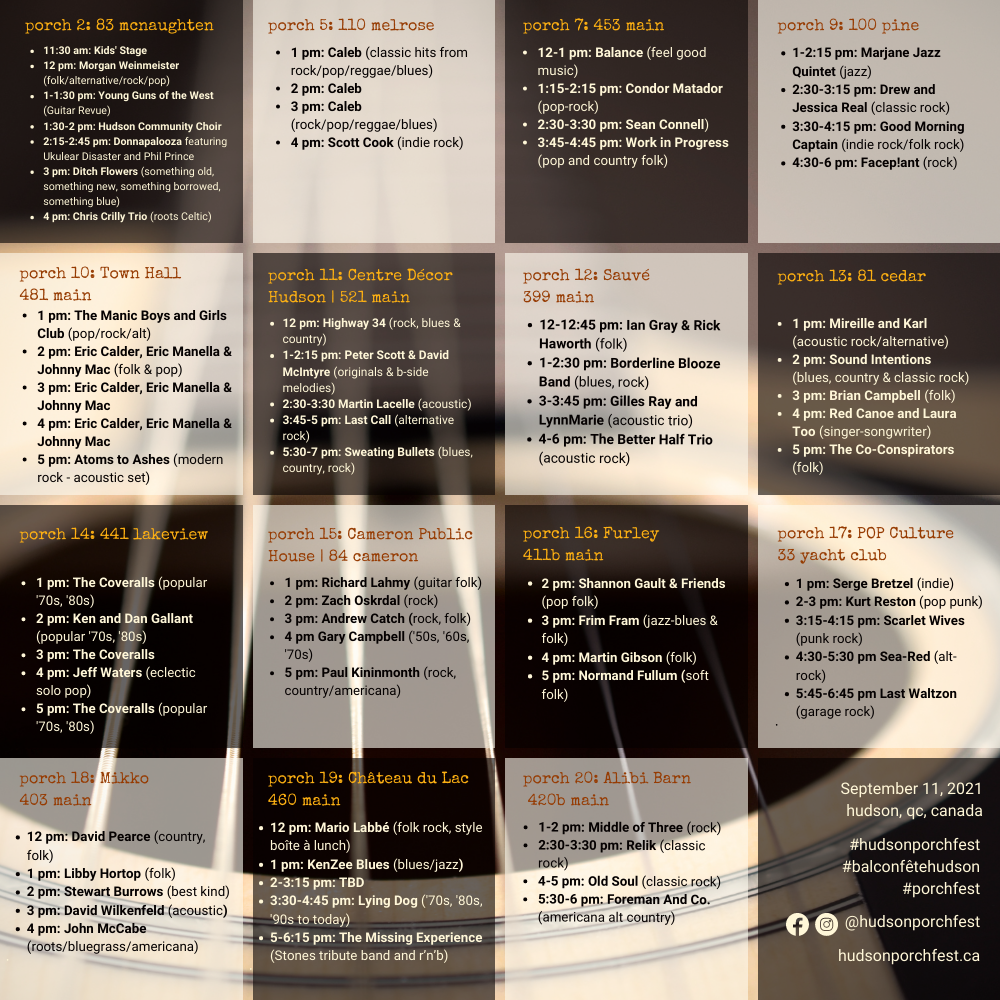 Hudson Porchfest 2021, Hudson Porchfest Schedule, #hudsonporchfest, hpf, #hpf, #porchfest, porchfest, Hudspon Porchfest schedule, Hudson QC
