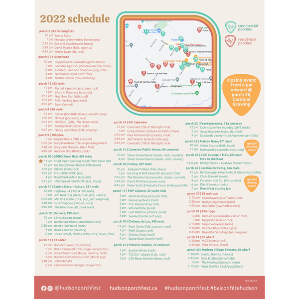 Hudson Porchfest 2022 schedule programme program map