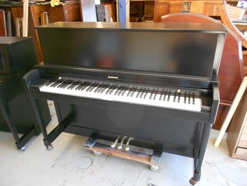 1986 Baldwin 243, was Walnut with a beat up cabinet, polished pedals, new key tops, Semi Gloss Black finish/ bench