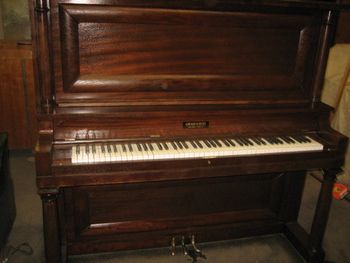 1909 Gulbransen cabinet grand,ribbon mahogany, with solid mahogany framing, there was 7 hours of tuning and pitch raising involved to get it to international scale A438 It was that flat from 50 years of not being maintained