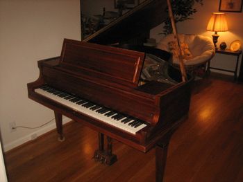 1925 Packard Baby Grand after repairs and a new finish. Clear over natural mahogany veneer, all brass parts were removed and polished, we made several bridges and replaced bass strings.Super nice baby grand.