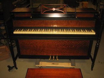 1947 Hardman Spinet, completed, with matching bench which is also two tone, Colors are Cherry, Mahogany and Satin Ebony, Polished brass, New elbows in the action, ready for its new life.