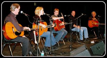 The George Ryga 2012 Songwriter's Showcase in Summerland, BC with Roy Forbes, Bill Henderson, Al Brandt, Brandon in the middle and myself.