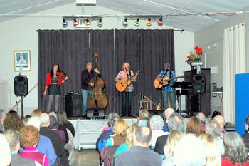 Coldstream Coffee House November 2012. With Rod MacDonald playing up-right bass, Andrew Mercer on guitar and bodhran and Anjuli Otter playing fiddle.