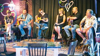 Brookstock Singer/Songwriter Night, 07/16/15. L-R: Mike Case, Tony Norton, Cole Powell, Andi Cotton, Tyler Bridge, Shaw Furlow. Photo by Kaitlin Mullins.