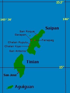 This is a map of Saipan and her sister island "Tinian" where the Enola Gay loaded her payload and dropped the atomic bomb on Hiroshima, Japan in 1941...