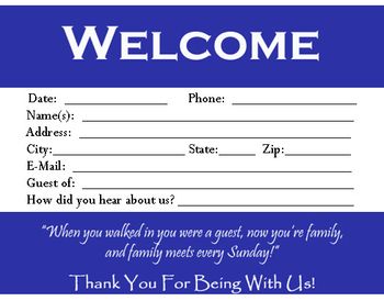 Download this visitor card (click the link below) Church Visitor Card Template this is a Microsoft WORD file You can edit the visitor card to meet your church needs! If you choose to down load this please sign our guest book and our mailing list as a courtesy. We want to know if you are blessed by this and would like to send you updates when God gives us new ideas! Thank you and God Bless!