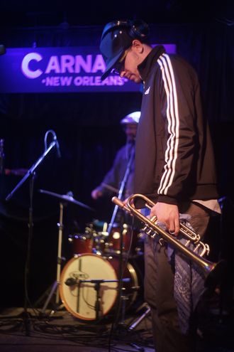 Benjamin Muniz Matlack on trumpet//Rob Montgome - Photo by Dana Schliemanry on drums recording at Carnaval Lounge 1/19/22