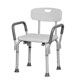 The ProBasics Bath Bench features adjustable height legs to accommodate multiple user heights. The durable, aluminum frame secures to surfaces with large, suction cup feet for added security while drainage holes in the bench aid in reducing slipping.