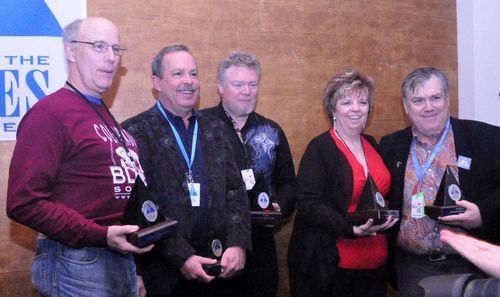 2013 Board members- Jim Primock,Vice President Scott Fitzke, Vice President Tarry Underwood, Secretary Patty Cavallero, and President Chick Cavallero receiive the 2013 KBA for Outstanding Blues Organization from the Blues Foundation