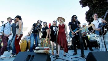 Liam Hall, Vincent Gates, Lantz Lazwell, Genevieve Heyward, Carley Baer, Andrea Wittgens, delphine de st. Paer, Eric McFadden, Steve Smith, & James Hall perform the last song of the 2015 festival, The Jesus Gonna See You Naked - photo by MaryAnn Rose