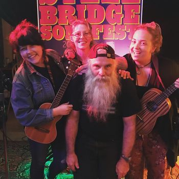 Claire Kelly, Robin Coomer, and Carley Baer with dear Steve Hamilton / photo courtesy of Claire Kelly