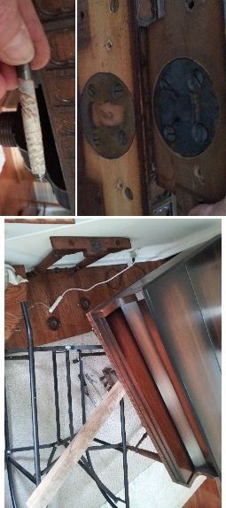 Top left: Leg off piano showing bracket.
Bottom left: not-my-work-failed-electrical-tape-stripped-screw-repair.
Right: Supporting the piano while I work on the leg.