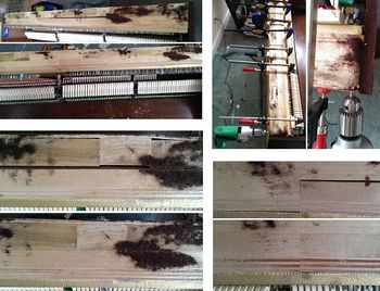 Major pin-block repair: it was splitting and the harp/plate hadn't cracked yet so was repairable. Top right is the only one I got during the process (I was kinda focused.) The other three corners are before & after shots. :-D