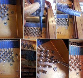 1) missing pins
2) start new pins with hammer & punch
3) screw in pins the rest of the way with tuning wrench short of 3.5 turns to allow for new wire coils
4) set new wire in place & make beckets (the 90 degree angled ends)
5) make sure wire is on hitch pin, through felt, and on bridge pins
6) screw on wire & use coil lifter to keep coils tight
7) all done