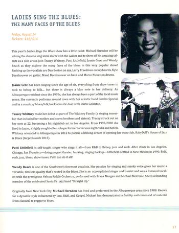 Tracey Whitney will be performing in the New Mexico Jazz Workshop's "Ladies Sing the Blues" concert at the Albuquerque Museum Amphitheater on August 14, 2015.