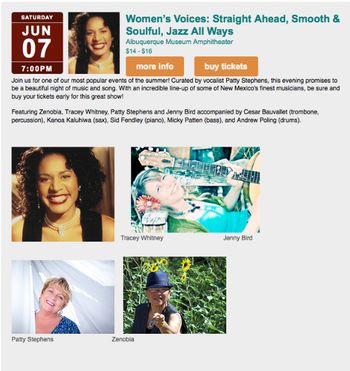 Tracey Whitney, Zenobia Conkerite, Patty Stephens & Jenny Bird - New Mexico Jazz Workshop Women's Voices Singing concert - Albuquerque Museum Amphitheater with Sid Fendley/piano, Micky Patten/bass, Cesar Bauvallet/trombone, Kanoa Kaluhiwa/sax, Andy Poling/drums. 6/7/14