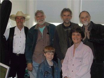 Bill Evaul, bass, Steve Morgan, gtr, vox, Eben Morgan, shakers, Alan Morehouse, harp, Louise Paquette, fiddle, Jerry Nelson, gtr, vox, playing on Captain Frank's show on WOMR, Provincetown, ca 2004.