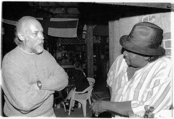 Steve Morgan and Jack Johnson, discussing Big George Brock, St. Louis blues player and Jack's brother, Wellfleet Beachcomber, ca 1997. Photo: Hamilton Kahn