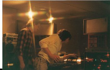 1989 - the recording begins on 4-track cassette at Stonehouse Studios. Engineer Pat Mills watching Andrew McKnight inspecting the settings.