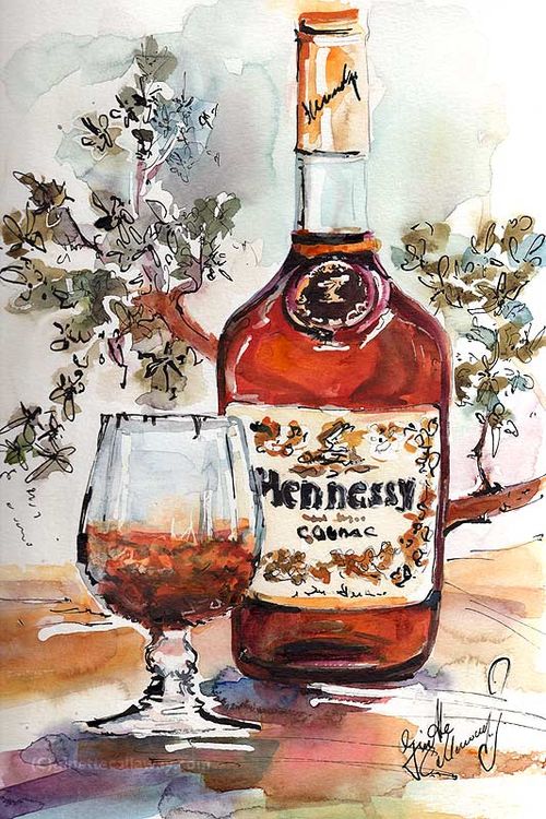 Bottle of Hennessy and Swiffer Watercolors and Ink Original by Ginette Callaway