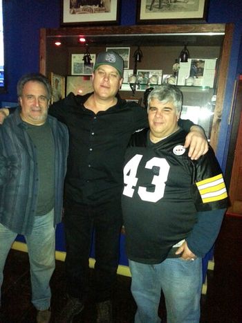 THE BAND PRESENTS AN OFFICIAL NIGHT TRAIN BASEBALL CAP TO MATT, THE OWNER OF SIDELINES, RED HOOK, NY - 11/15/13.