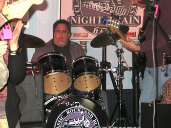 RONNIE LAYIN' DOWN A GROOVE DISPLAYING THE NEW NIGHT TRAIN BASS DRUM LOGO AT DUDLEY'S, NEW ROCHELLE, NY - 11/2/13.