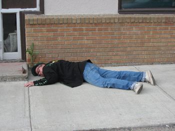 Spider in his natural environment: on the sidewalk in front of the Broadview Hotel in his Saskatchewan hometown