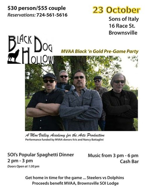 We're rockin' the Sons of Italy in Brownsville and getting you revved up for the Steelers game versus the Dolphins on Oct. 23. It's a Black & Gold Pre-Game Party, benefiting the Mon Valley Academy for the Arts and Sons of Italy. Call 724-561-5616 to reserve your tickets!
