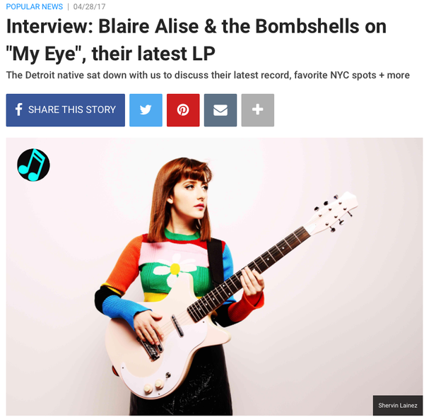Popdust 4/28/17
You can say Blaire Alise knows what she wants to sound like - she's been writing since she was fifteen. The Detroit native started her own band, the Bombshells, as soon as she realized what she wanted to do. My Eye, their latest record out now via Carlin Nashville, is a sweet and summer-y return to the days of yesteryear. It is a record of "self-discovery and growing up recorded over the past 2 years" - more importantly, it is a record that captures Blaire Alise to the fullest.
Over the span of a ten-song tracklist, Alise uses vocal layers of harmonies that call back the sounds of Beach Boys past. It's easy to tell who she aspires to recall, but it's not playing it safe and staying in the shadows of those who've done it before her. Instead, she combines various melodies to capture a feeling that's distinctly her own.