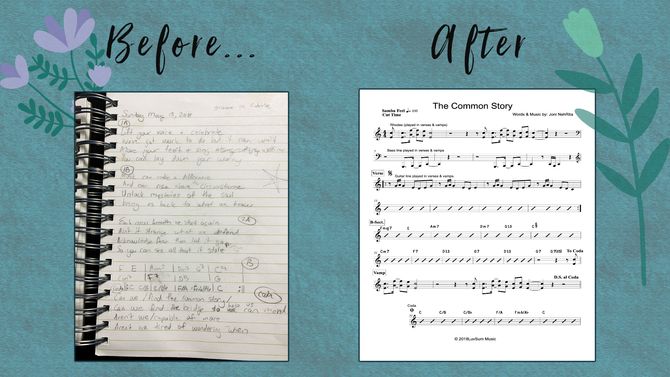Left: my lyric notebook. Right: Band lead sheet.