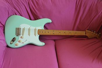 (09/24/2013) This was one of the most recent guitars I acquired. It is a 50s reissue mexican Fender Strat. I switched out the pickups to Seymour Duncans. It had APS-2s in the neck and middle and a Twanger Banger in the bridge. Just a great playing Strat that has a bit of a Tele vibe to it.