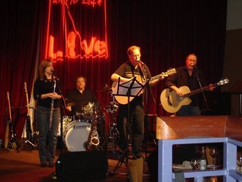 Playing at the World Cafe on 11/14/10 with First Names Only. L-R: Me, Bryan Cooper (Percussion), Rusty Crowell, Tom Harwell.