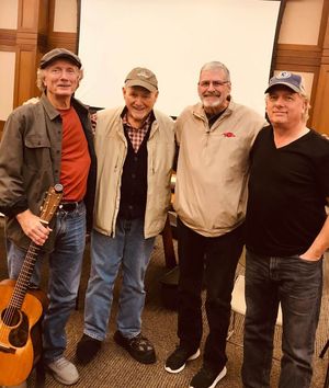 From left, Wood Newton ,Coordinators Charlie Crow, & Don Tucker , Rafe Van Hoy at Pro Writer Workshop , November 2018