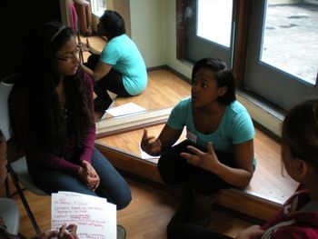 Cast member Starr works with a group of Middle School Students during a Half-Day RYB Workshop. February 16, 2013; NYC.