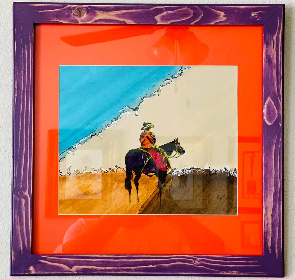 Cowboy art, , contemporary art , western art , modern western art , new west art , Custom Mat and Frame 18"x18" Lone Cowboy $250.00