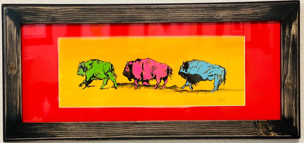 modern art , modern western art , new west art , native american art , Custom Mat and Frame 11"x22" Three Buffalo's $200.00
