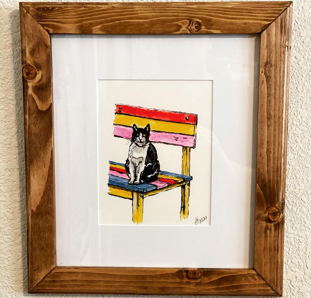 art , gus samuelson art , catster , modern cat , animal planet , Custom Mat and Frame 12"x14"Cat on a Bench $100.00