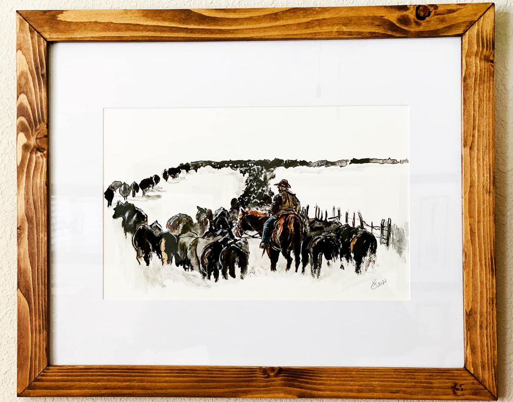 new west art , western art , cowboy art , Custom Mat and Frame 18"x22" Trail Ride $300.00