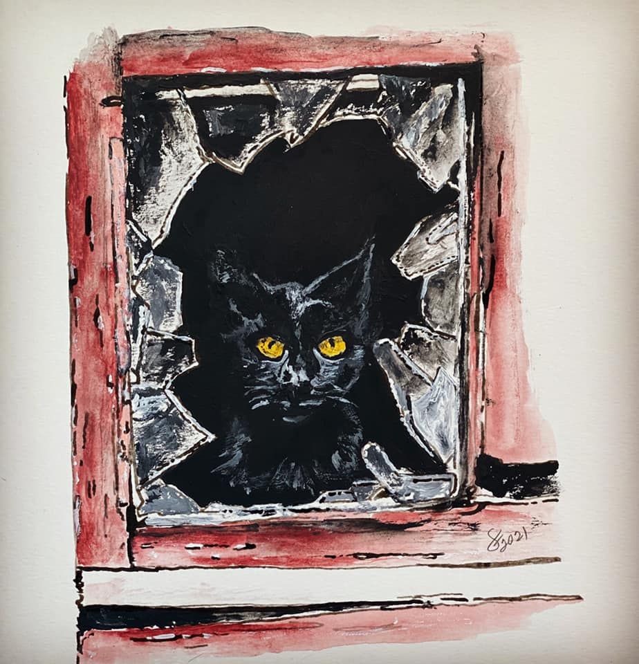 Black Cat in a Broken Window Pane 11" x 15" Ink/Acrylic on Water color Paper $150.00