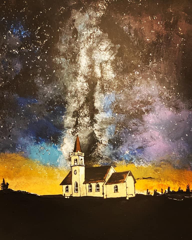 Church under The Aurora Borealis 11"x15" Ink/Acrylic on Water Color Paper $150.00
