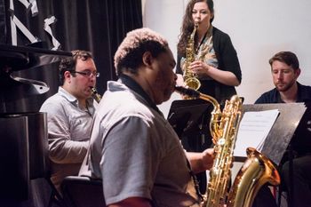 Sax quartet with Michael Eaton (soprano), Stacy Werdin (alto), Travis Calvert (tenor), Lathan Hardy (baritone). Performing at Church Street Music School's Happening on May 17, 2015. Photo by Azikiwe Mohammed.