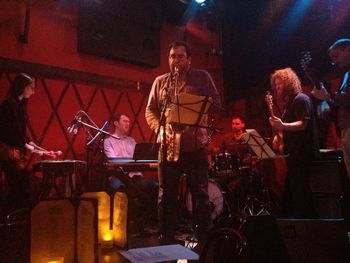 Performing at Rockwood Stage 2 with Adam Minkoff's Vaalbara group. One of the strongest Vaalbara gigs ever. From left to right: Brittany Anjou (vibes), Brad Whiteley (keyboards), Michael Eaton (tenor sax), Sean Dixon (drums), Adam Minkoff (bass), Joel Newton (guitar)