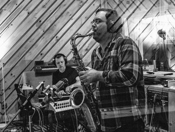 Recording at Bunker Studio for an unreleased free improvised recording with Adam Minkoff, Nick Anderson, Brad Whiteley, and Dorian Wallace. Photo by Reuben Radding.