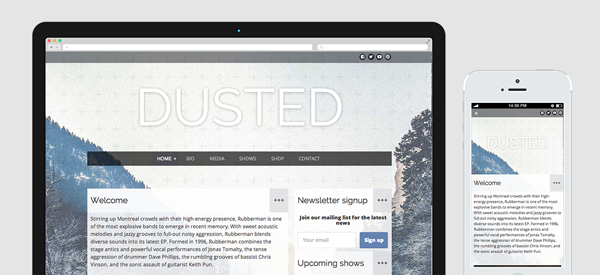 Dusted website theme, features a full width background area