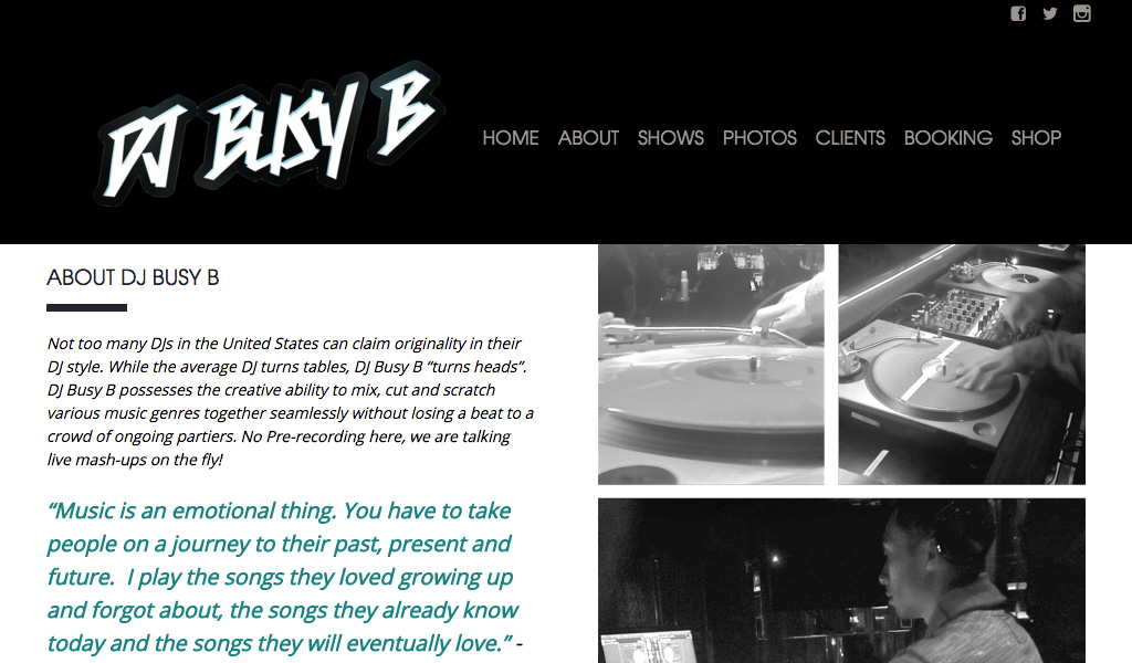 DJ Busy B website About Me page