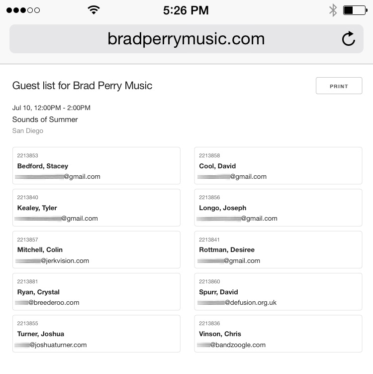 Bands get a mobile-friendly guest list page for each show