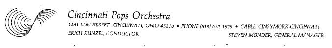 Cincinnati Pops Orchestra letterhead