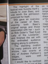 A review in the Trad & Now magazine of the Joan Baez Tribute show performed at the Burke  & Wills Music Festival in 2012.